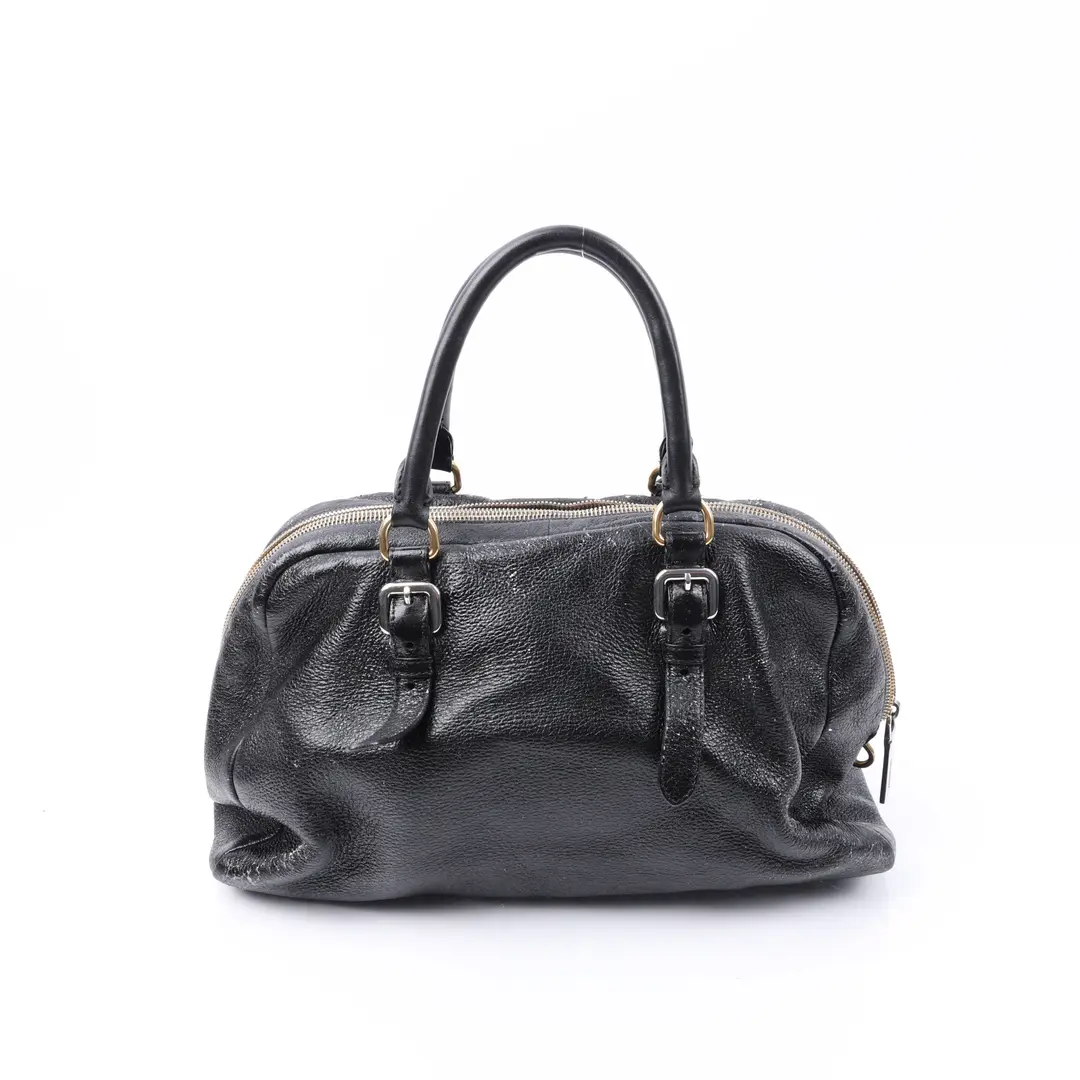 Prada Black Pebbled Leather Boston Handbag