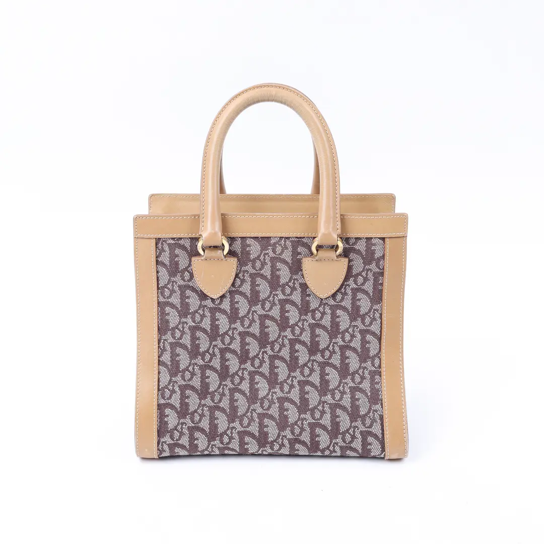 Dior Oblique Front Pocket Brown Canvas Leather Top Handle Bag