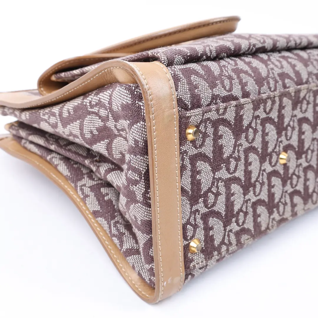 Dior Oblique Front Pocket Brown Canvas Leather Top Handle Bag