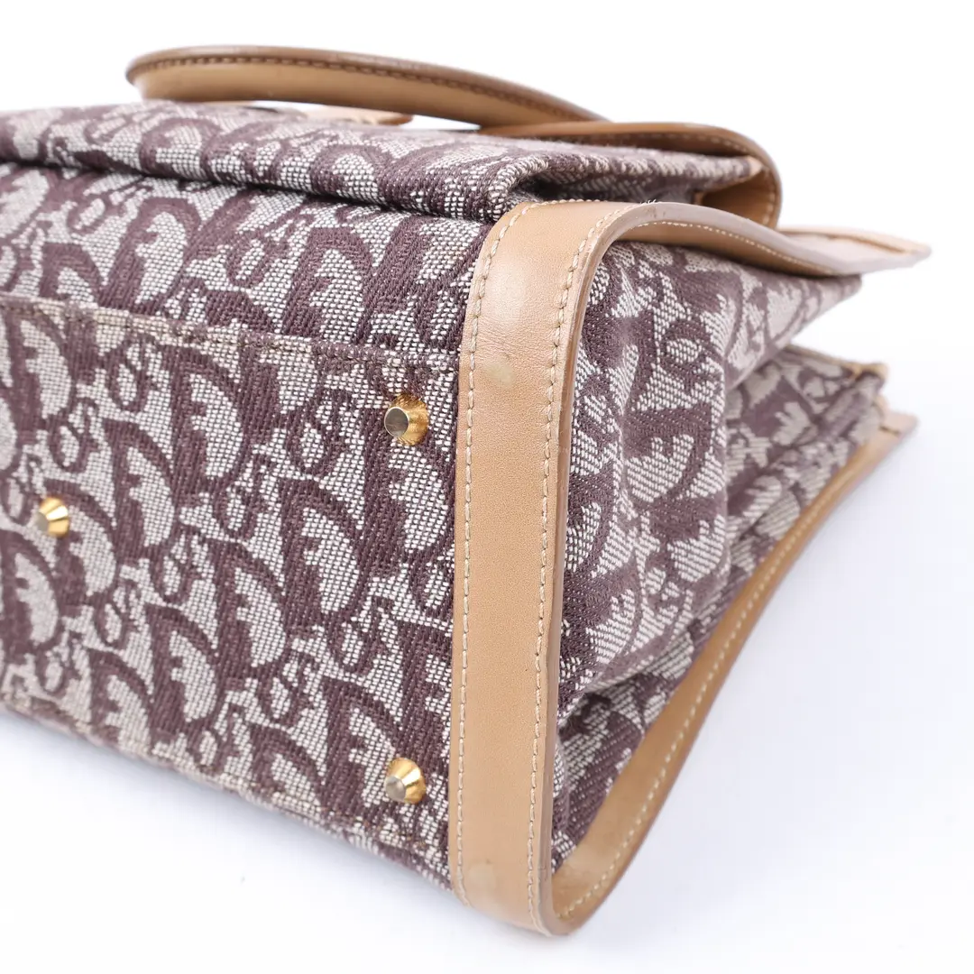 Dior Oblique Front Pocket Brown Canvas Leather Top Handle Bag