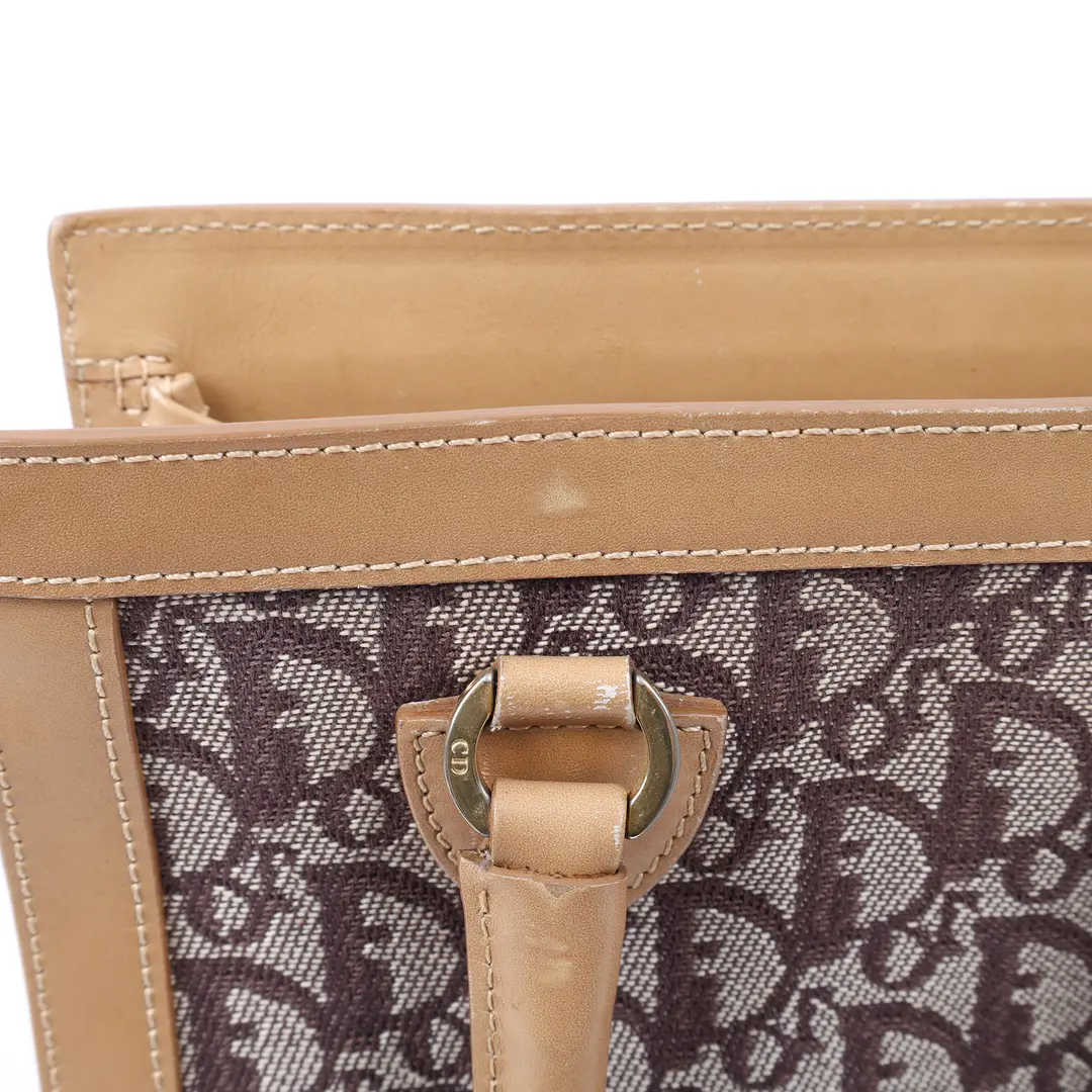 Dior Oblique Front Pocket Brown Canvas Leather Top Handle Bag