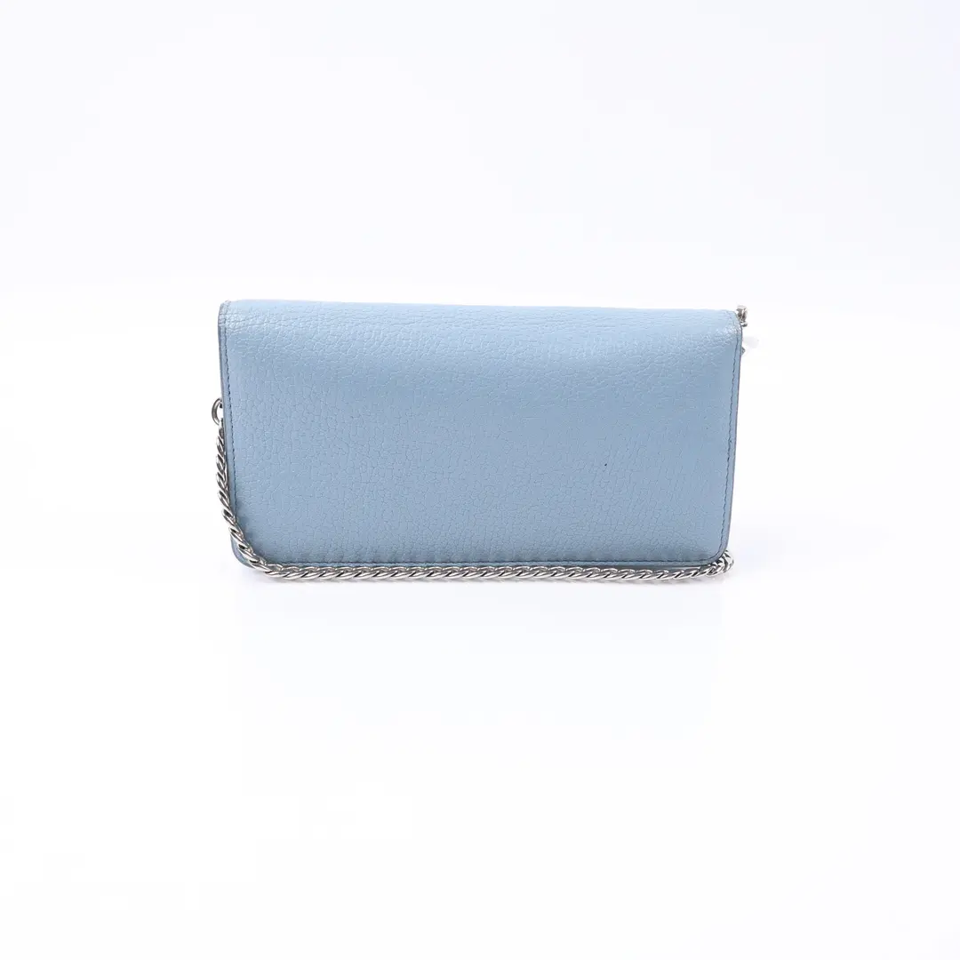 Miu Miu Logo Blue Pebbled Leather Wallet on Chain