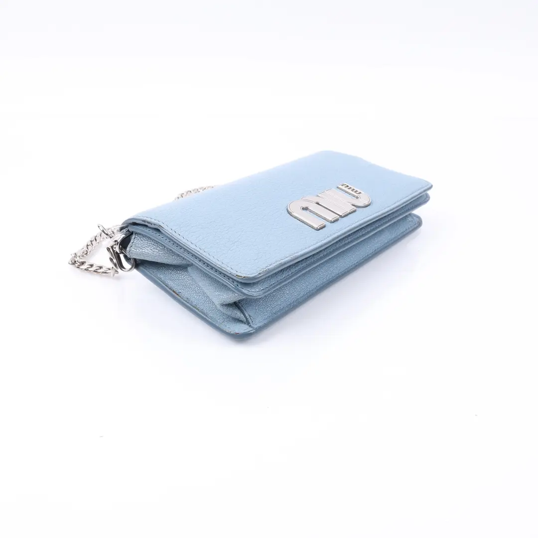 Miu Miu Logo Blue Pebbled Leather Wallet on Chain