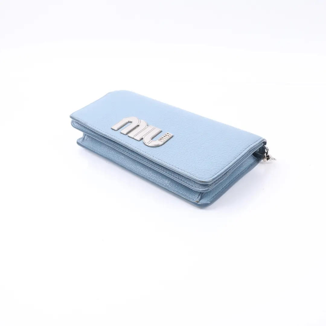 Miu Miu Logo Blue Pebbled Leather Wallet on Chain