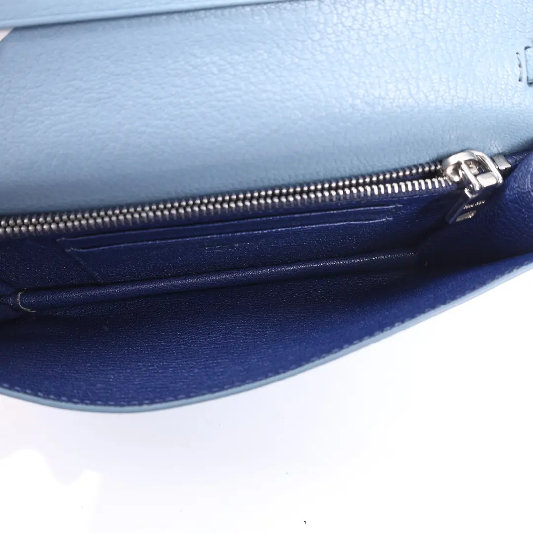 Miu Miu Logo Blue Pebbled Leather Wallet on Chain