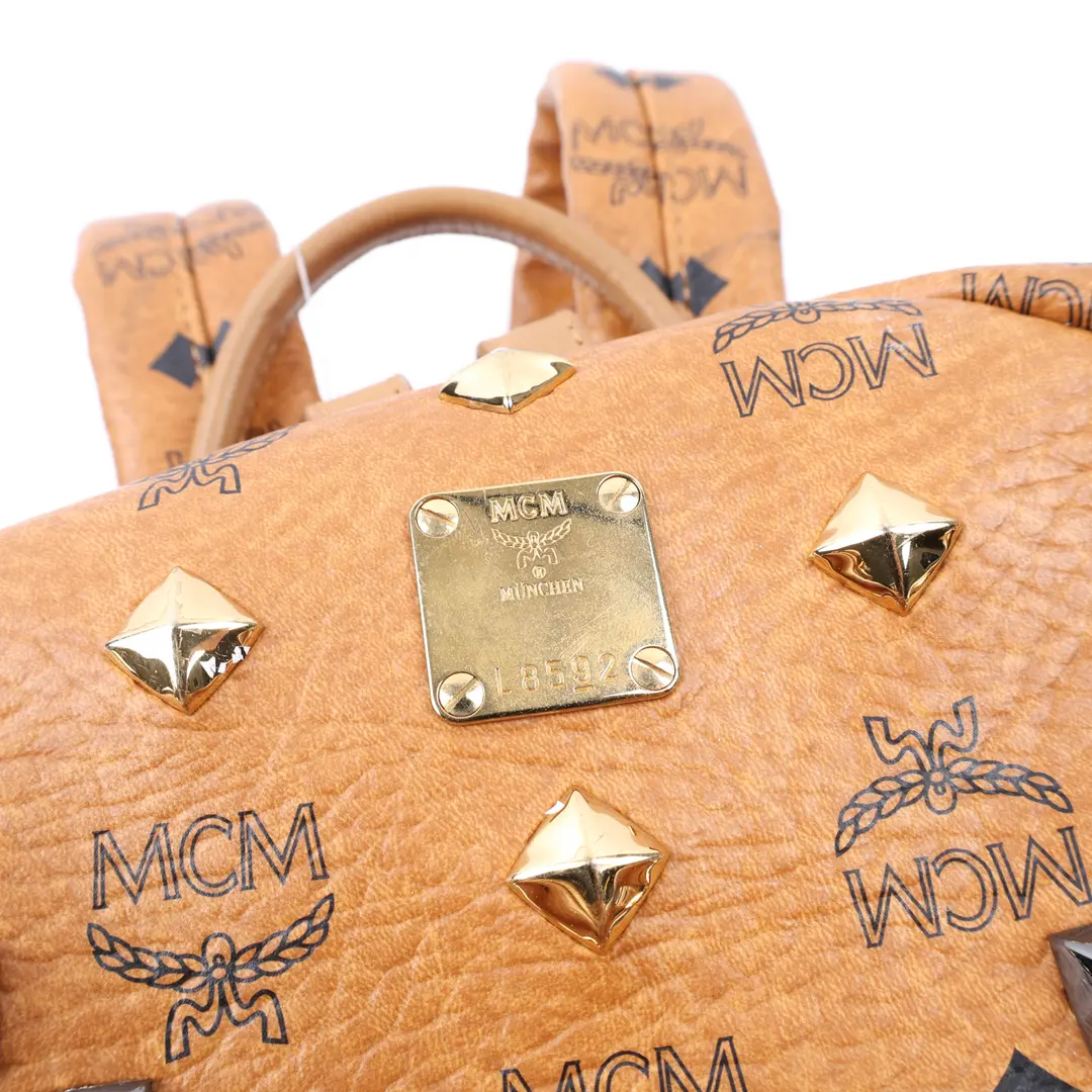 MCM Stark Studded Brown Visetos Coated Canvas Backpack