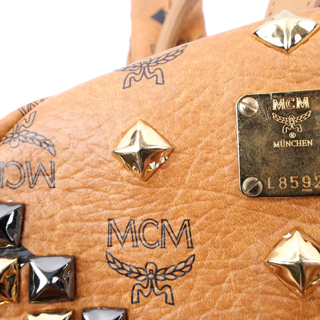 MCM Stark Studded Brown Visetos Coated Canvas Backpack