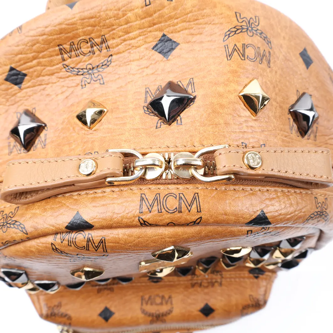 MCM Stark Studded Brown Visetos Coated Canvas Backpack