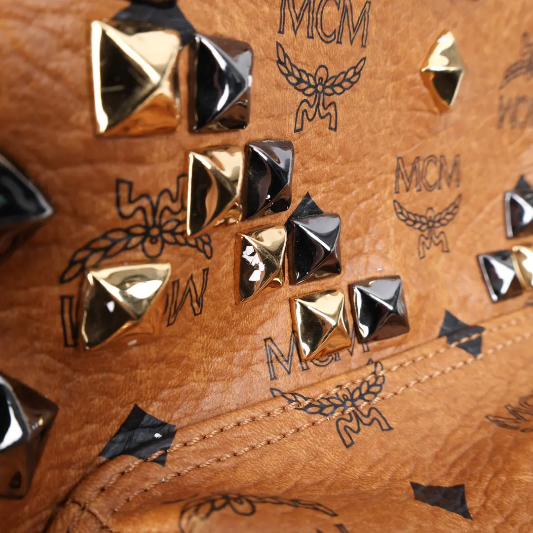 MCM Stark Studded Brown Visetos Coated Canvas Backpack