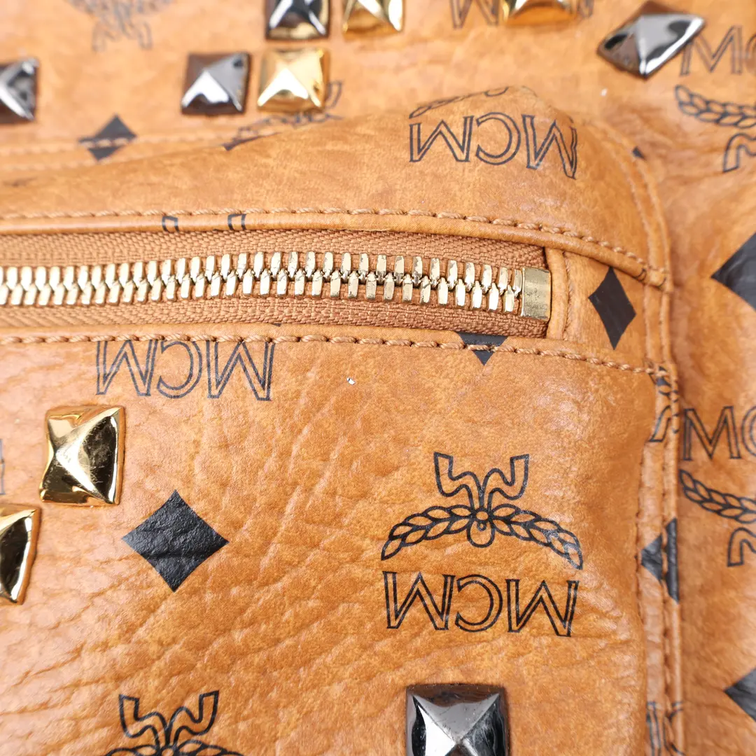 MCM Stark Studded Brown Visetos Coated Canvas Backpack