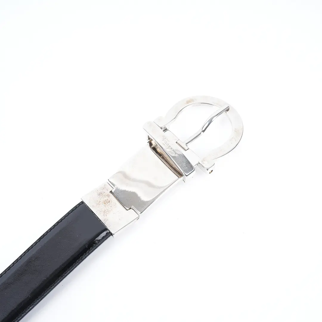 Salvatore Ferragamo Gancini Plate Black Patent Leather Belt