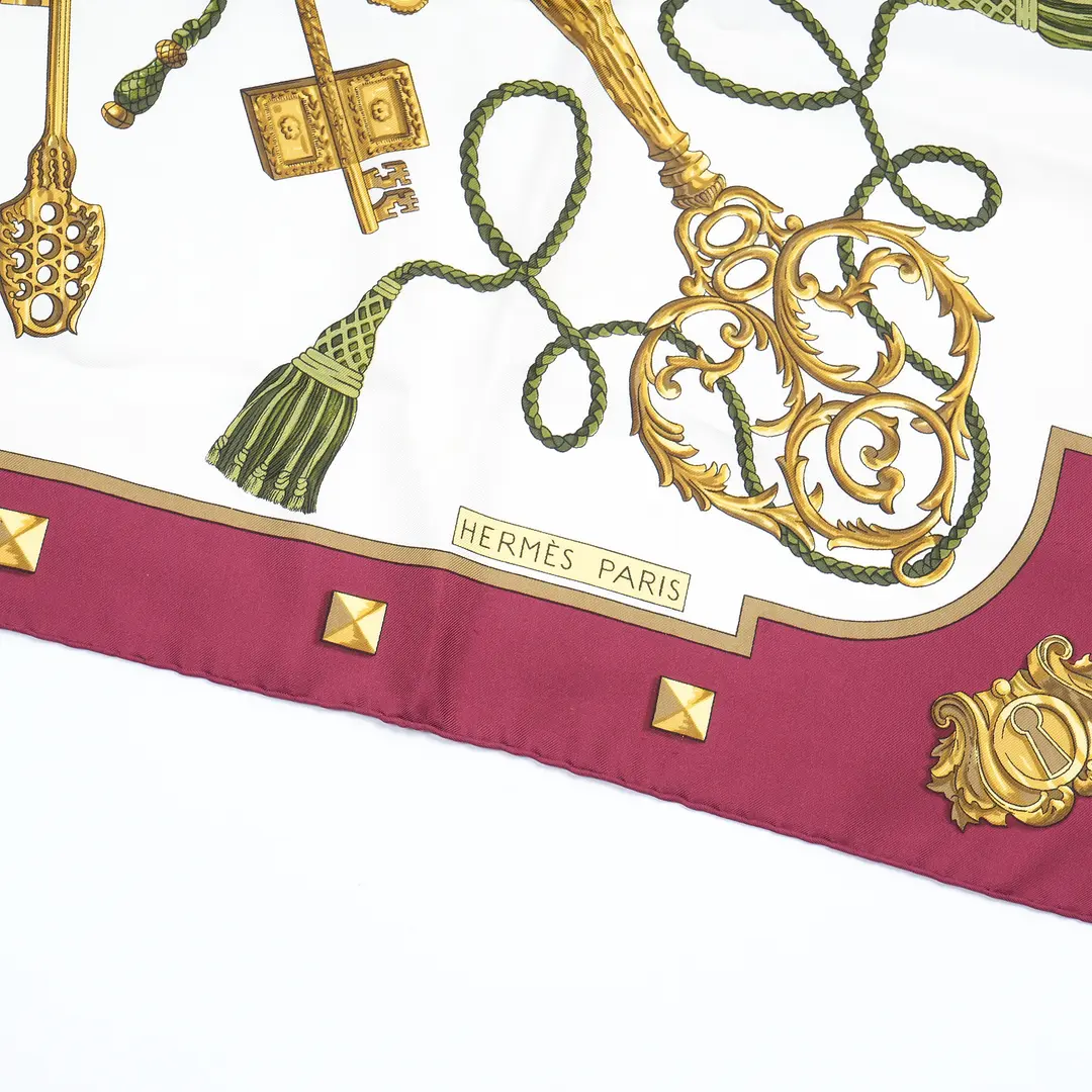 Hermes Les Cles Burgundy Silk 90 Scarf