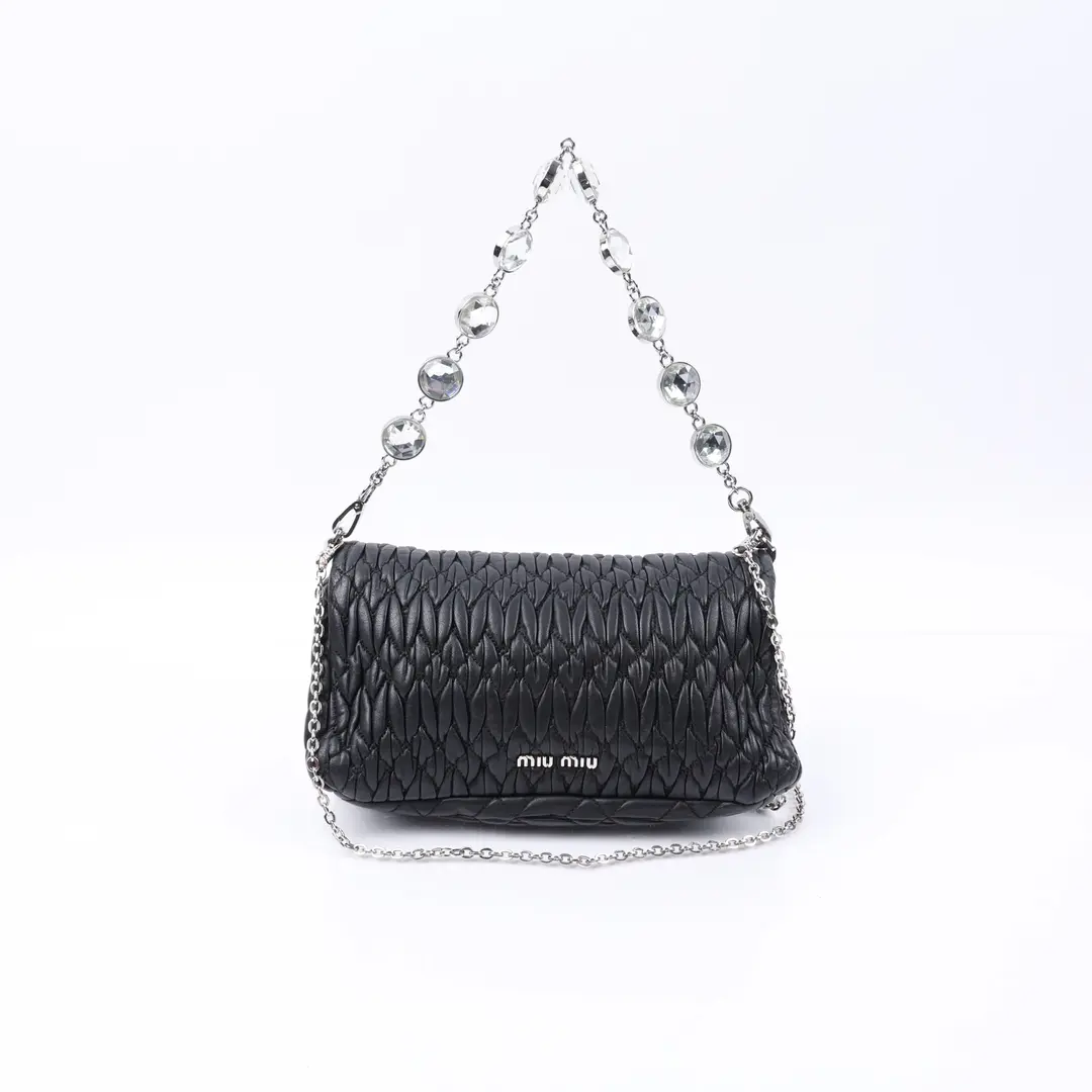 Miu Miu Matelasse Crystal Black Leather Shoulder Bag