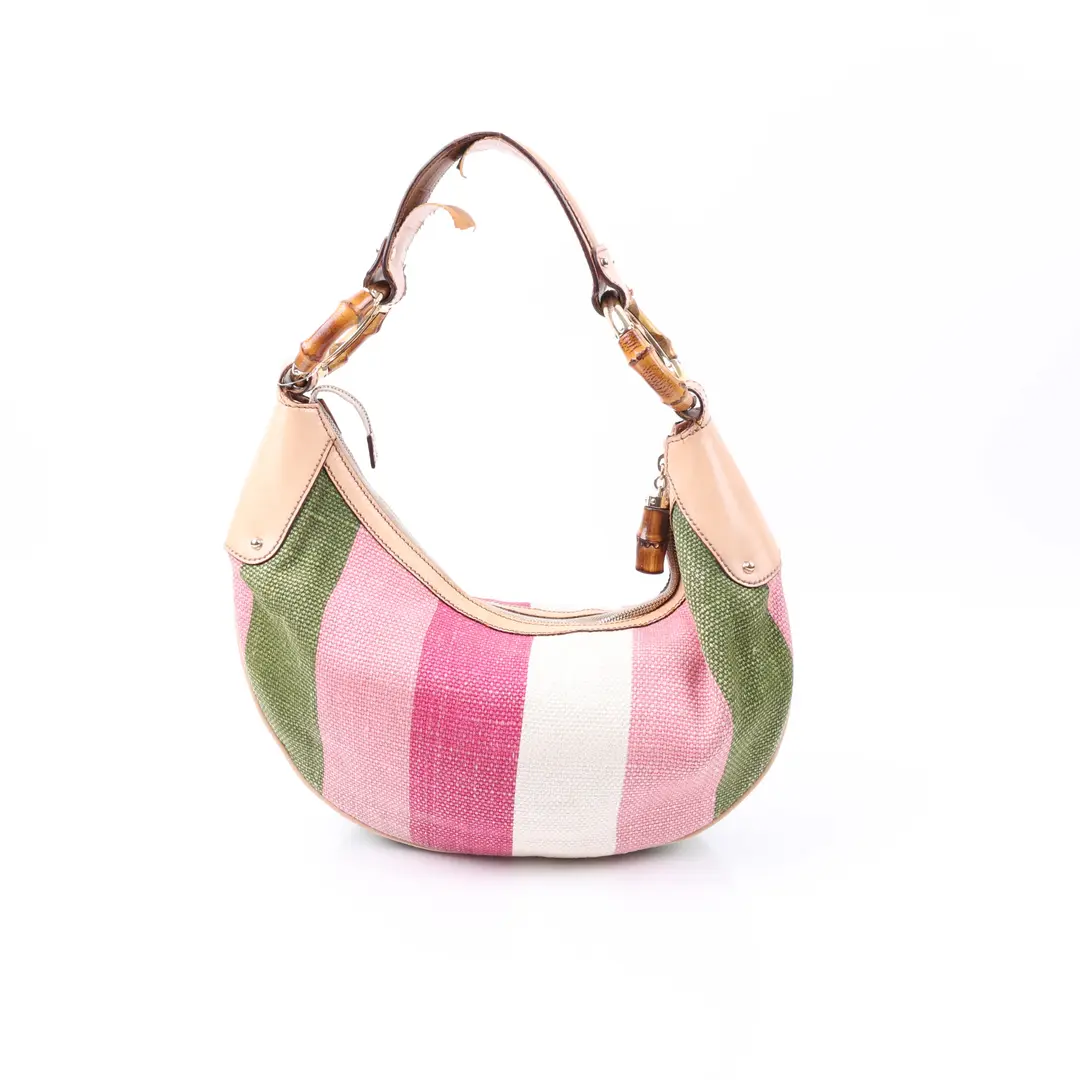 Gucci Bamboo Ring Pink Straw Shoulder Bag