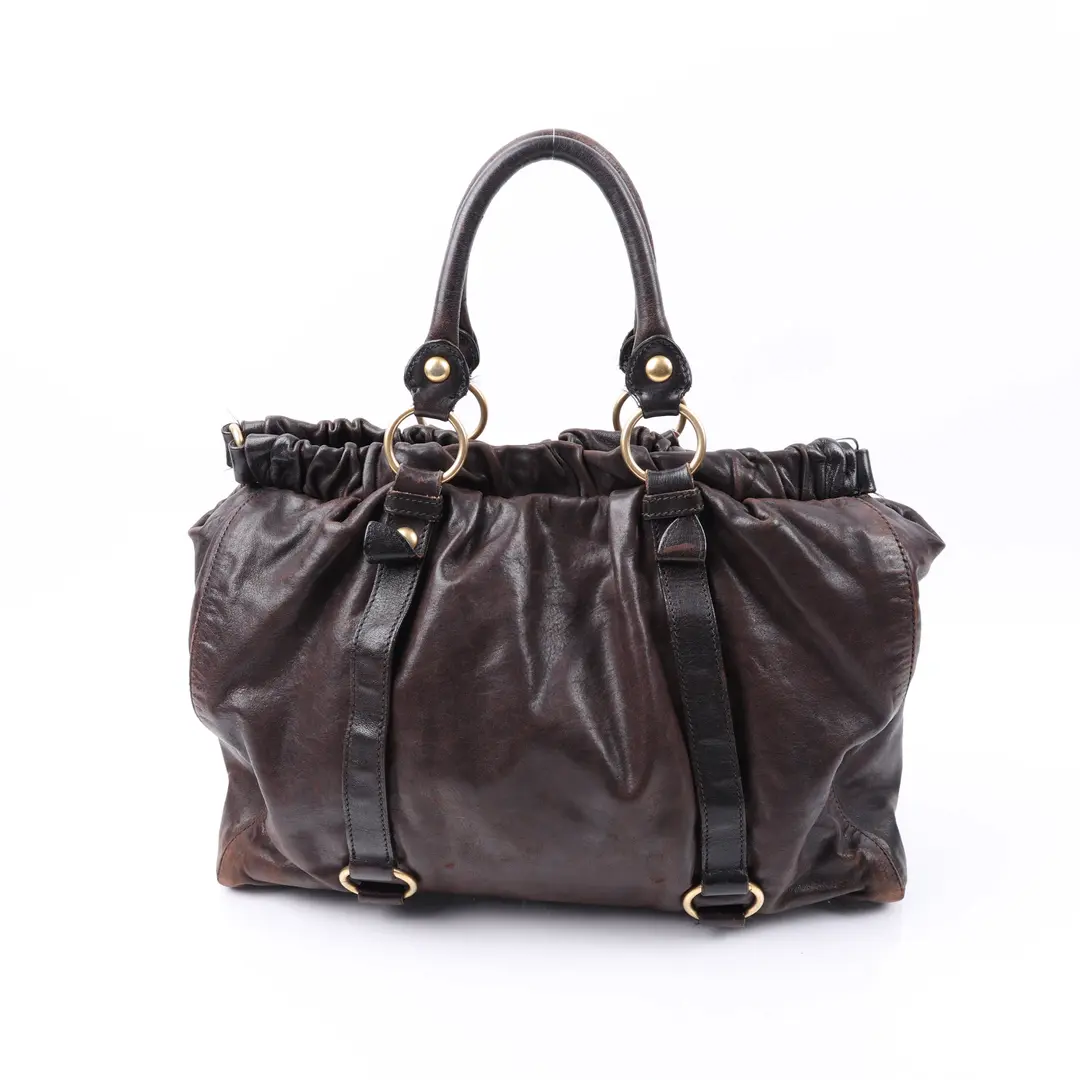 Miu Miu Vitello Lux Ruched Brown Leather Tote Bag