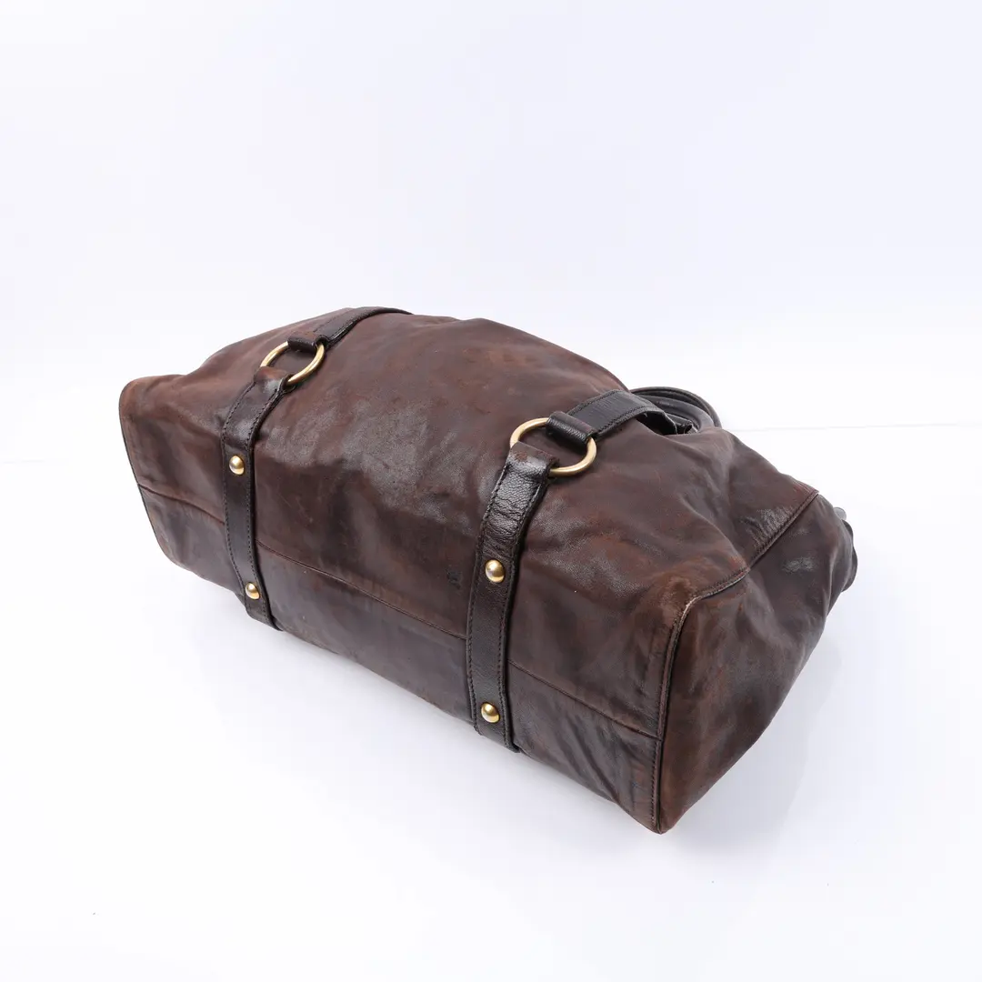 Miu Miu Vitello Lux Ruched Brown Leather Tote Bag