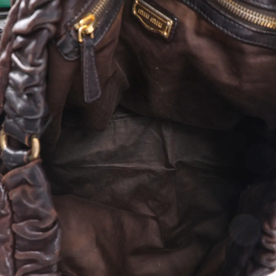 Miu Miu Vitello Lux Ruched Brown Leather Tote Bag