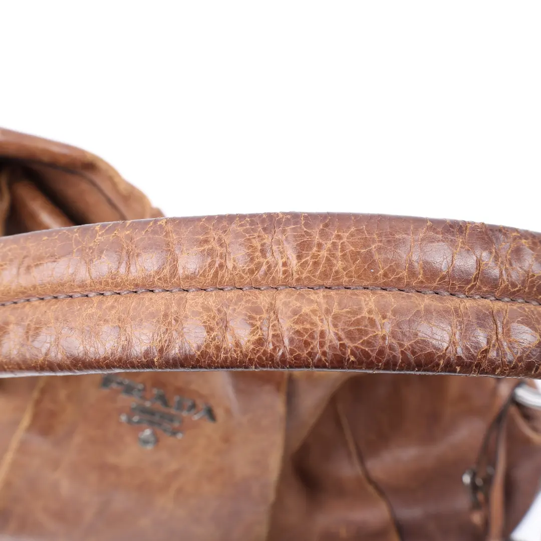 Prada Pleated Hobo Brown Leather Shoulder Bag