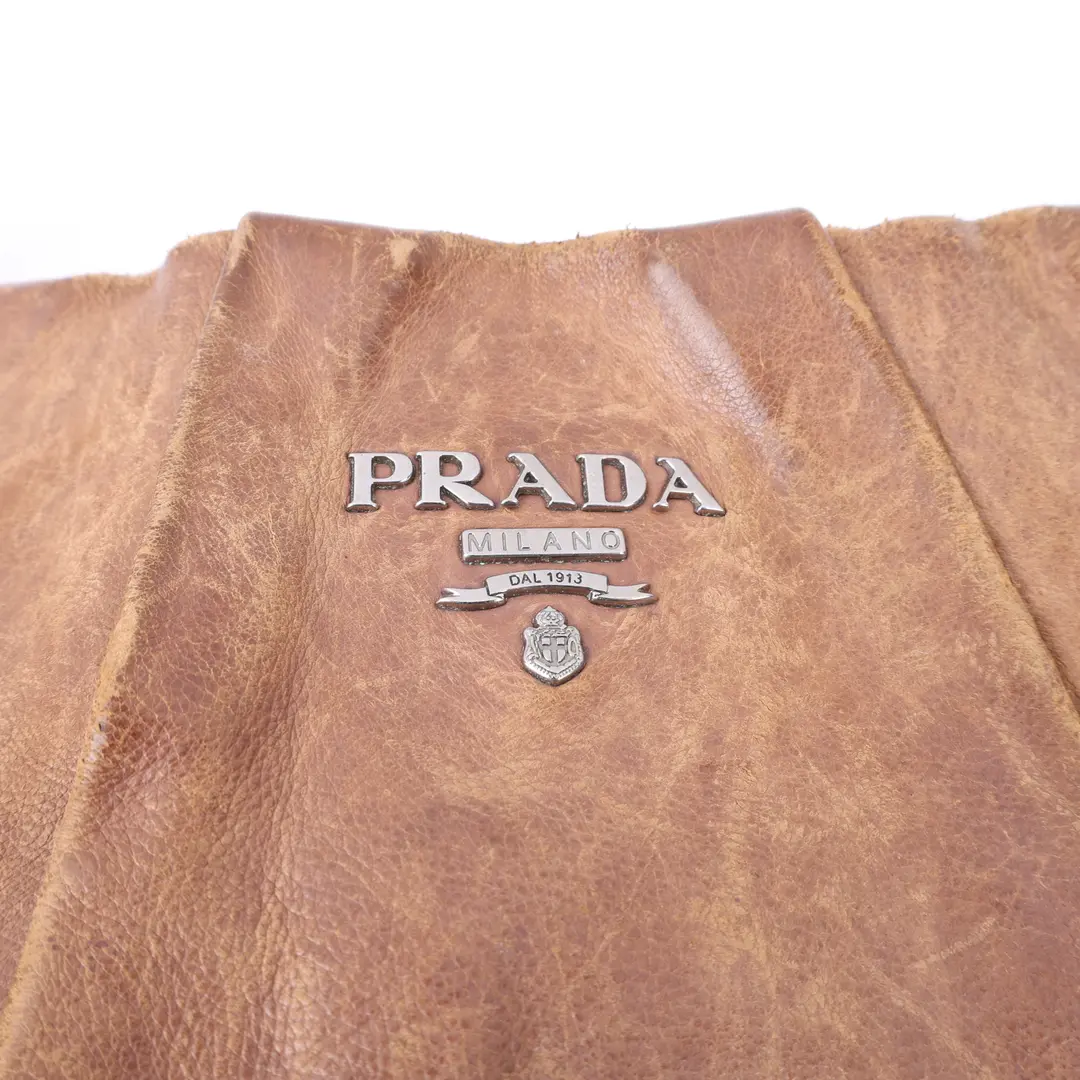 Prada Pleated Hobo Brown Leather Shoulder Bag