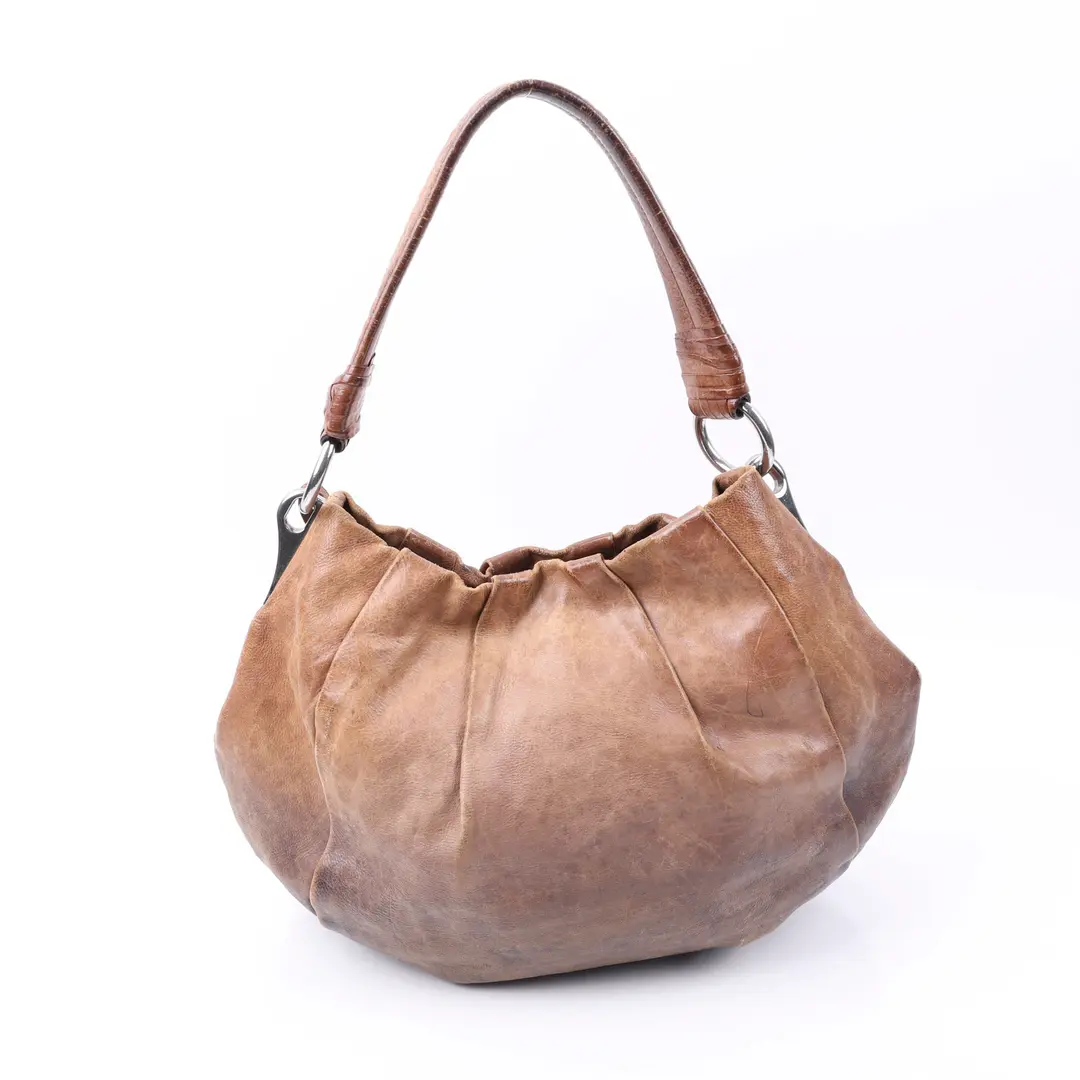 Prada Pleated Hobo Brown Leather Shoulder Bag