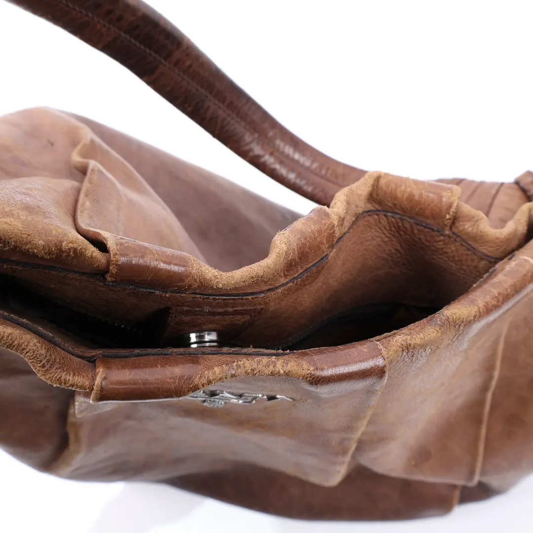 Prada Pleated Hobo Brown Leather Shoulder Bag