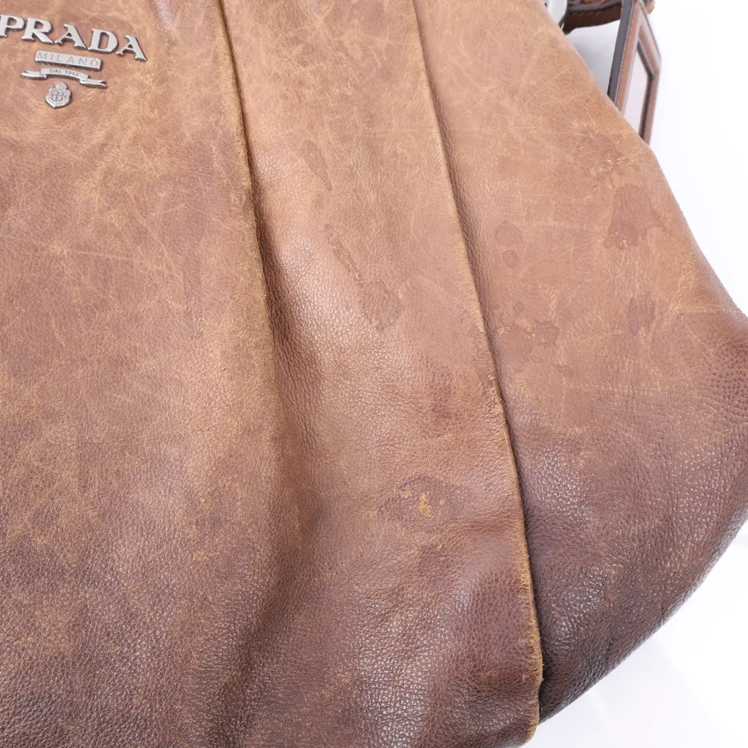 Prada Pleated Hobo Brown Leather Shoulder Bag