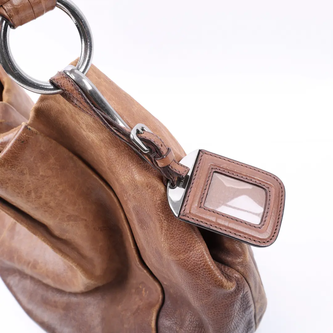 Prada Pleated Hobo Brown Leather Shoulder Bag