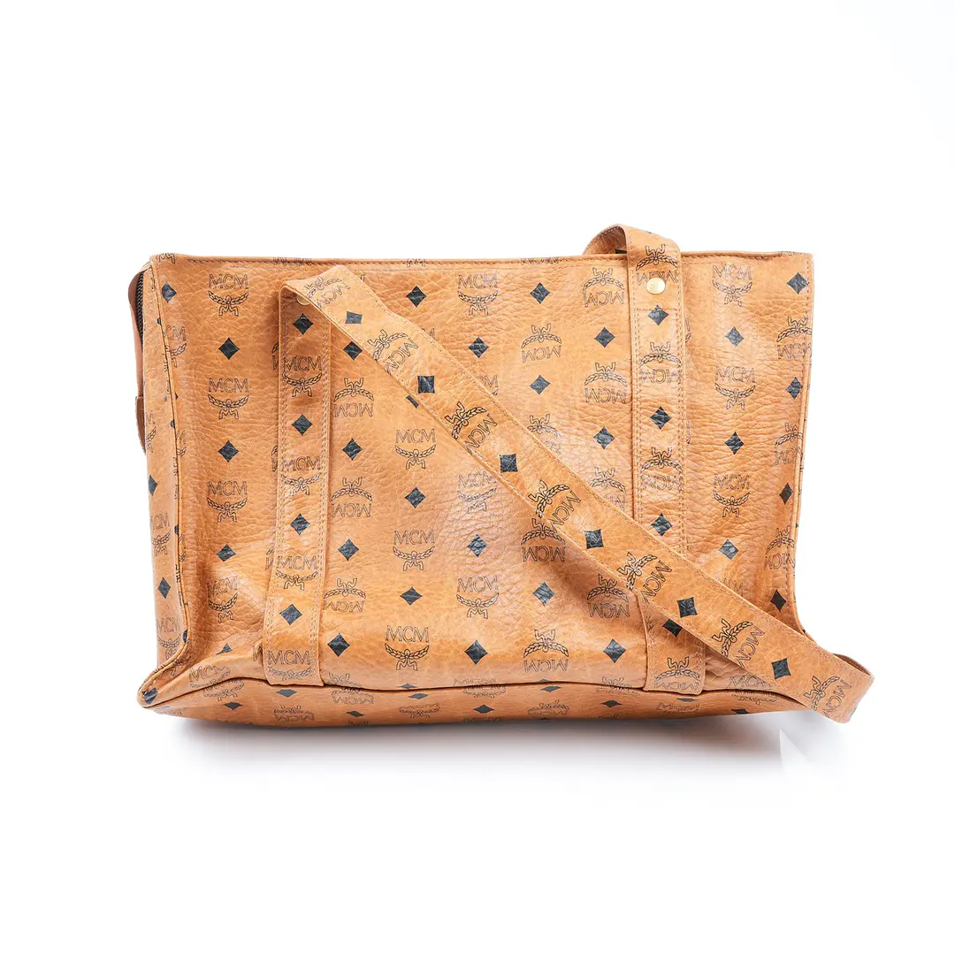 MCM Visetos Brown Coated Canvas Tote Bag
