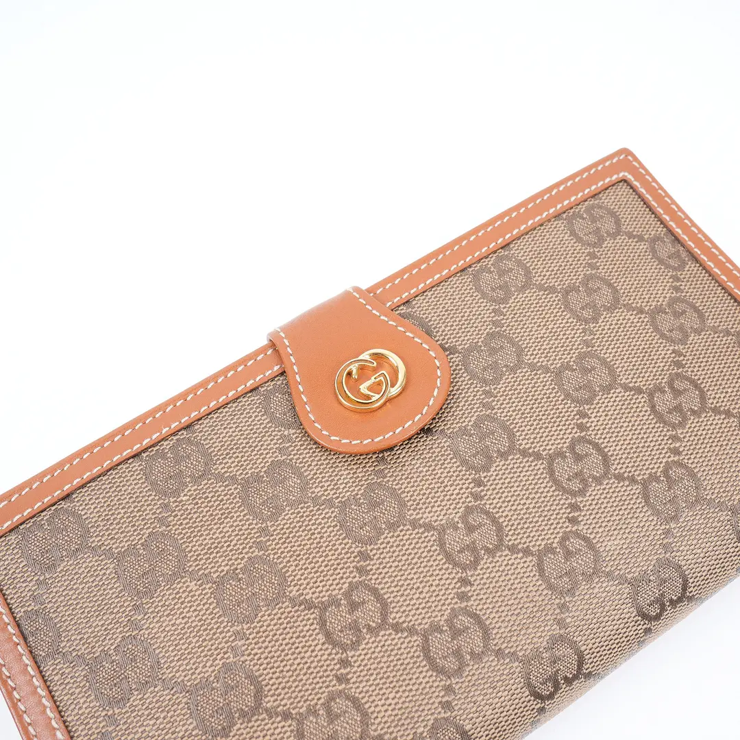 Gucci Vintage GG Canvas Brown Leather Kiss Lock Wallet