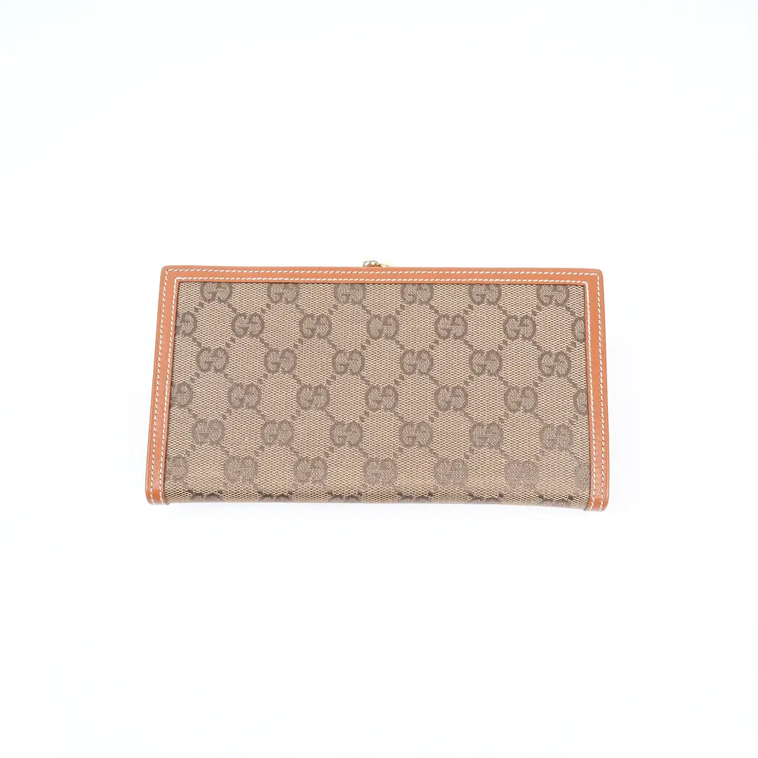Gucci Vintage GG Canvas Brown Leather Kiss Lock Wallet