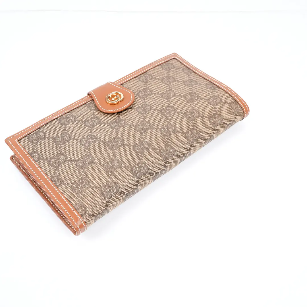 Gucci Vintage GG Canvas Brown Leather Kiss Lock Wallet