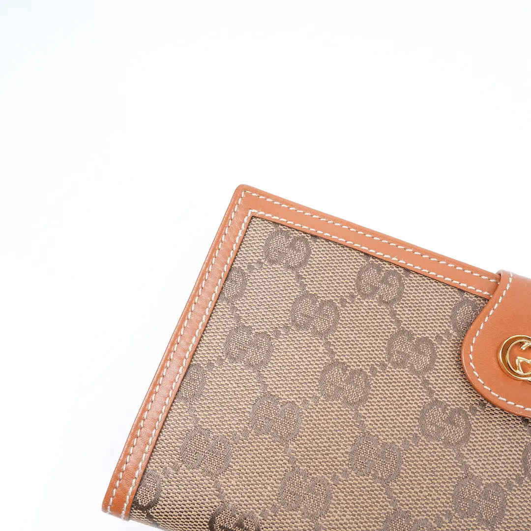 Gucci Vintage GG Canvas Brown Leather Kiss Lock Wallet