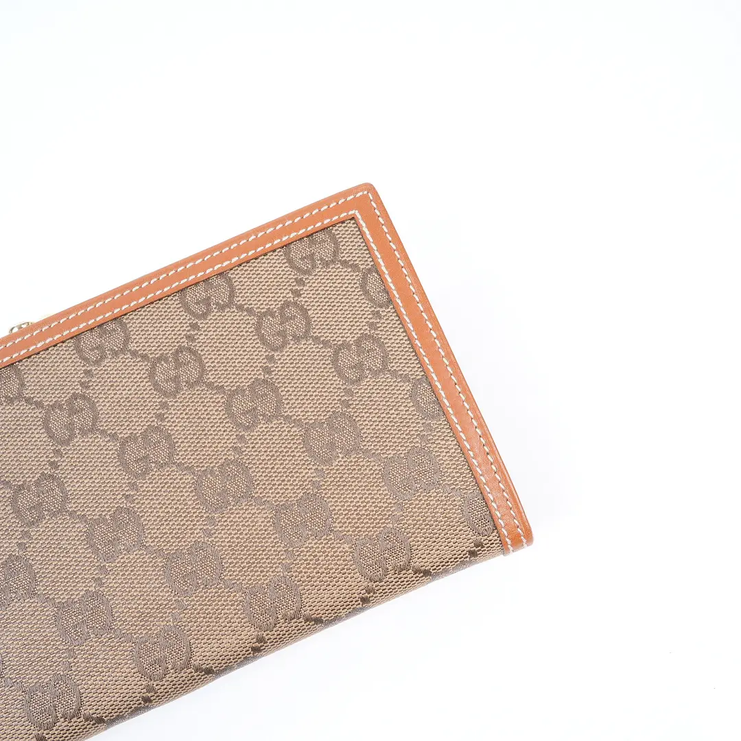 Gucci Vintage GG Canvas Brown Leather Kiss Lock Wallet