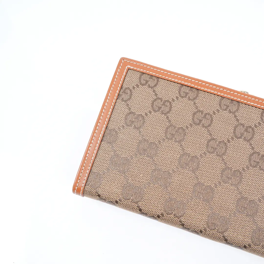 Gucci Vintage GG Canvas Brown Leather Kiss Lock Wallet