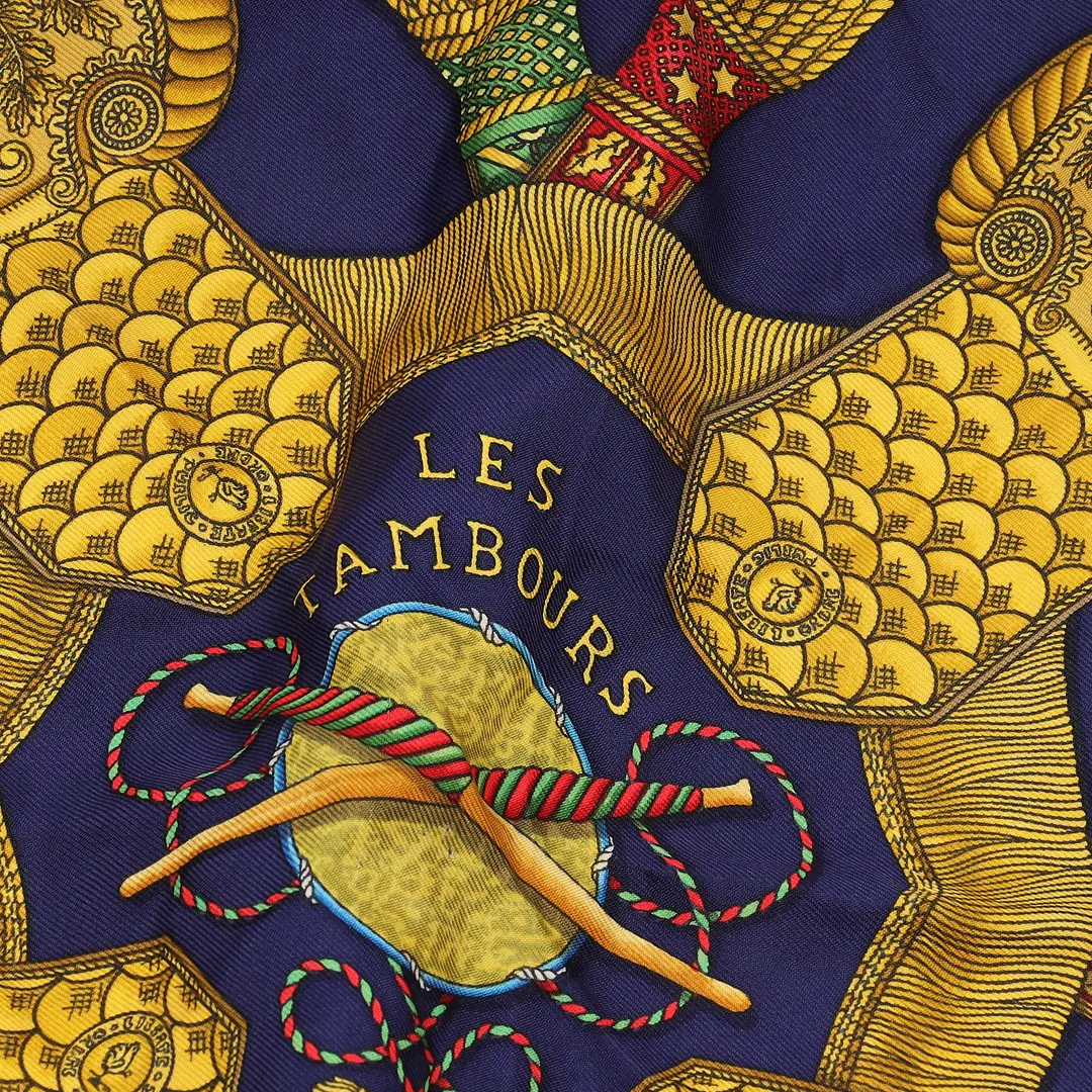 Hermes Les Tambours Blue Silk 90 Scarf