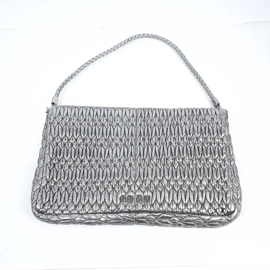 Miu Miu Matelasse Crystal Silver Leather Shoulder Bag
