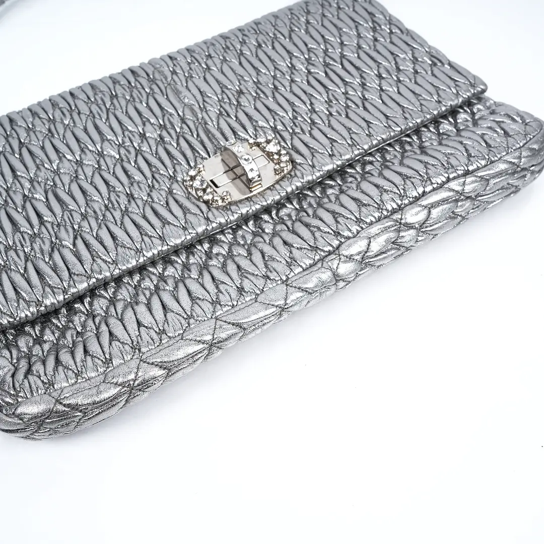 Miu Miu Matelasse Crystal Silver Leather Shoulder Bag