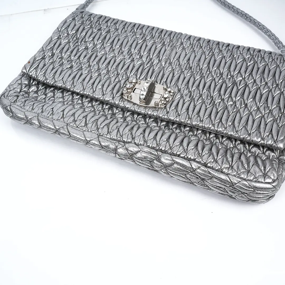 Miu Miu Matelasse Crystal Silver Leather Shoulder Bag