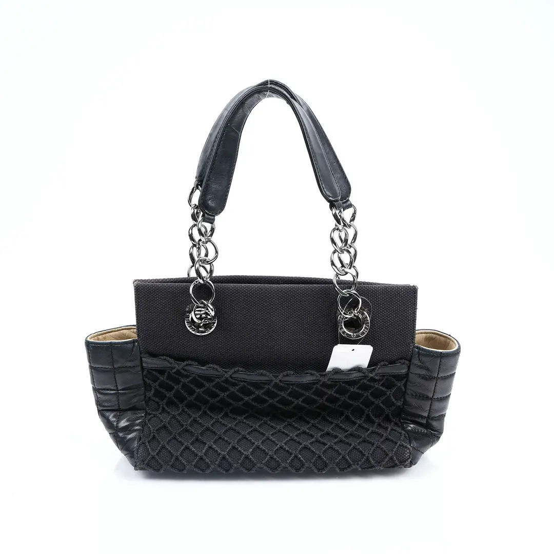 Chanel CC Mesh Pocket Black Canvas and Leather Tote Bag