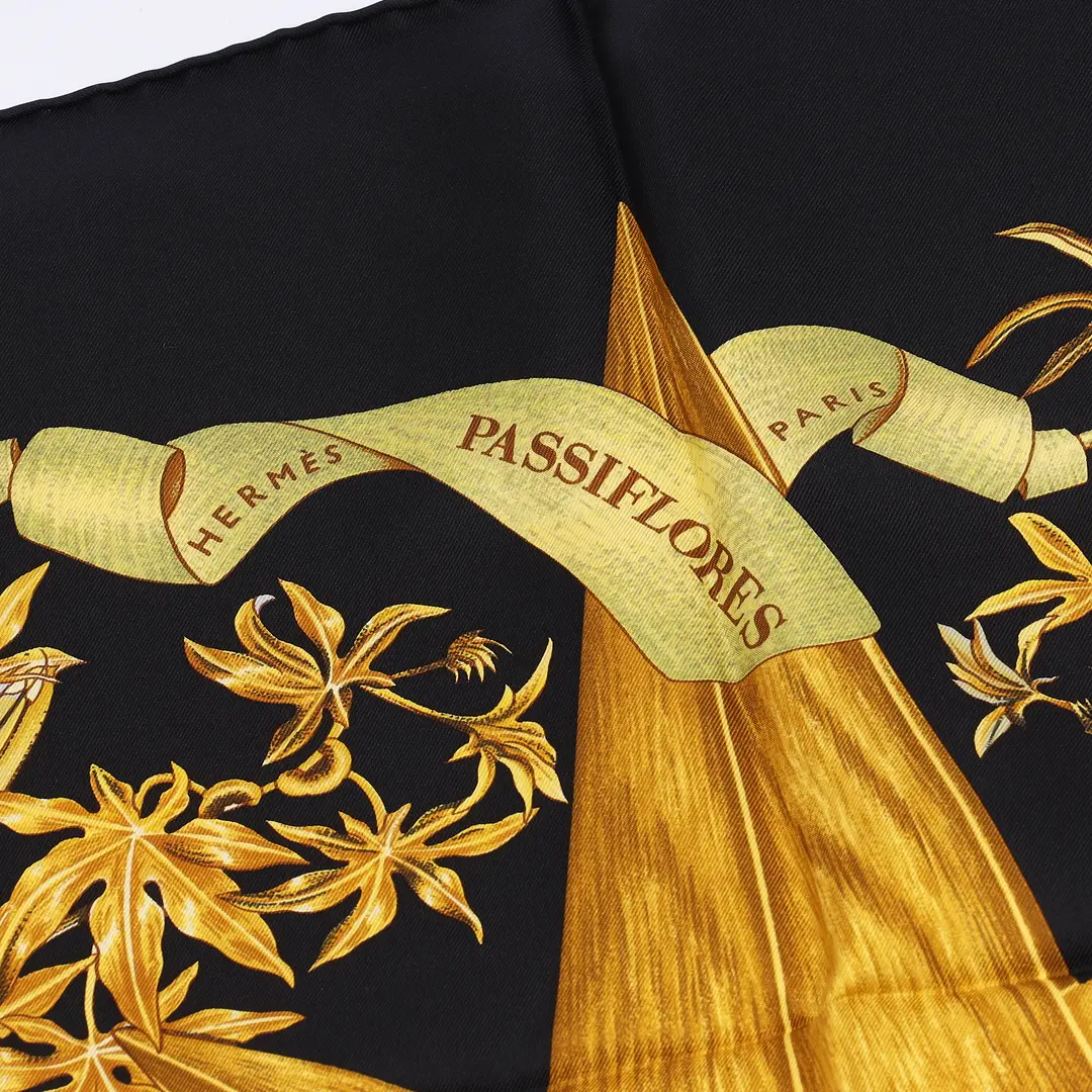Hermes Passiflores Black Silk Scarf