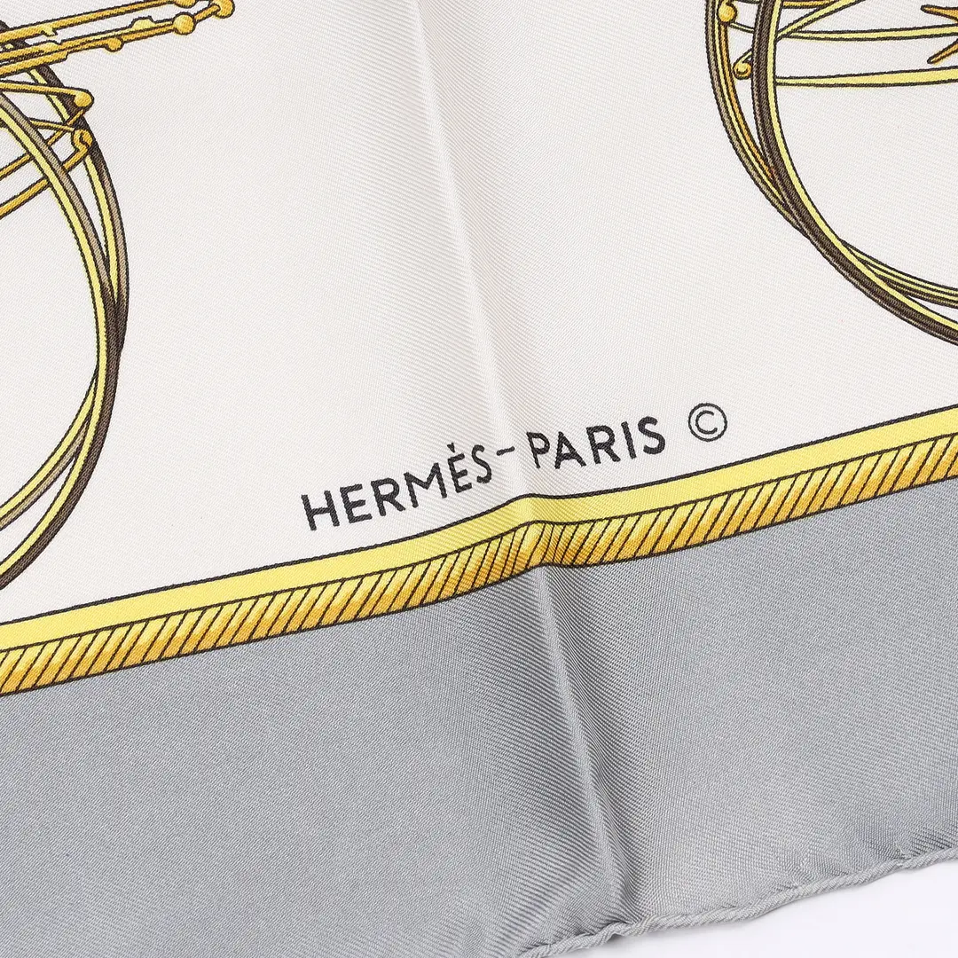 Hermes Les Voitures a Transformation Gray Silk Twill 90 Scarf