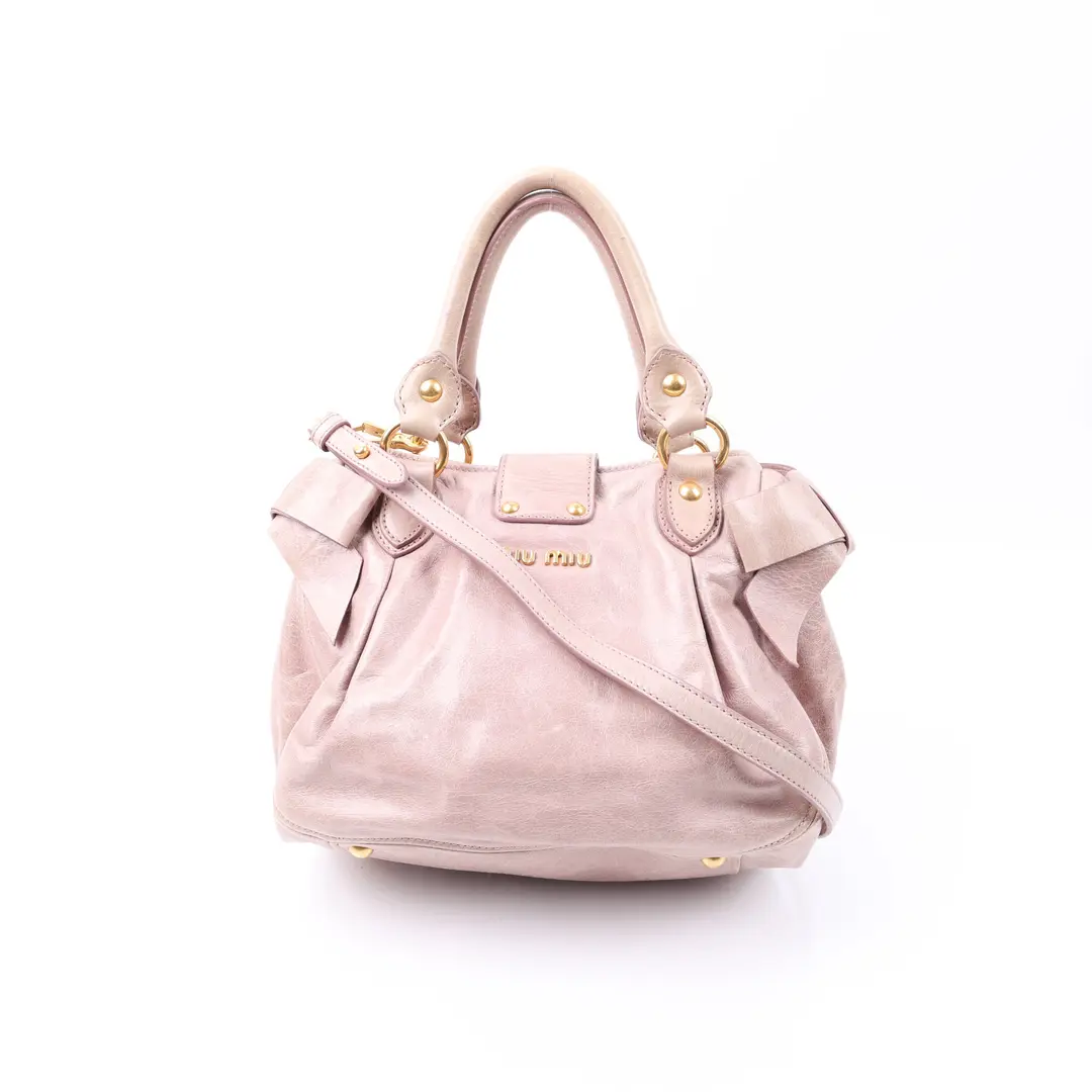 Miu Miu Vitello Lux Bow Pink Leather Top Handle Bag