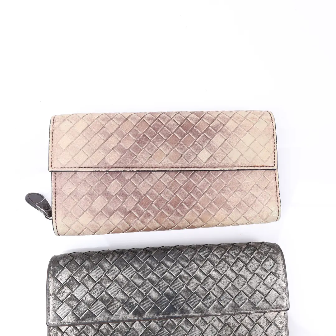 Bottega Veneta Intrecciato Beige Gray Leather Wallet Set