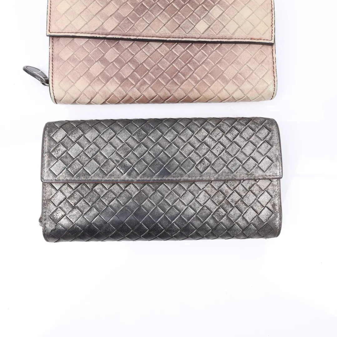 Bottega Veneta Intrecciato Beige Gray Leather Wallet Set