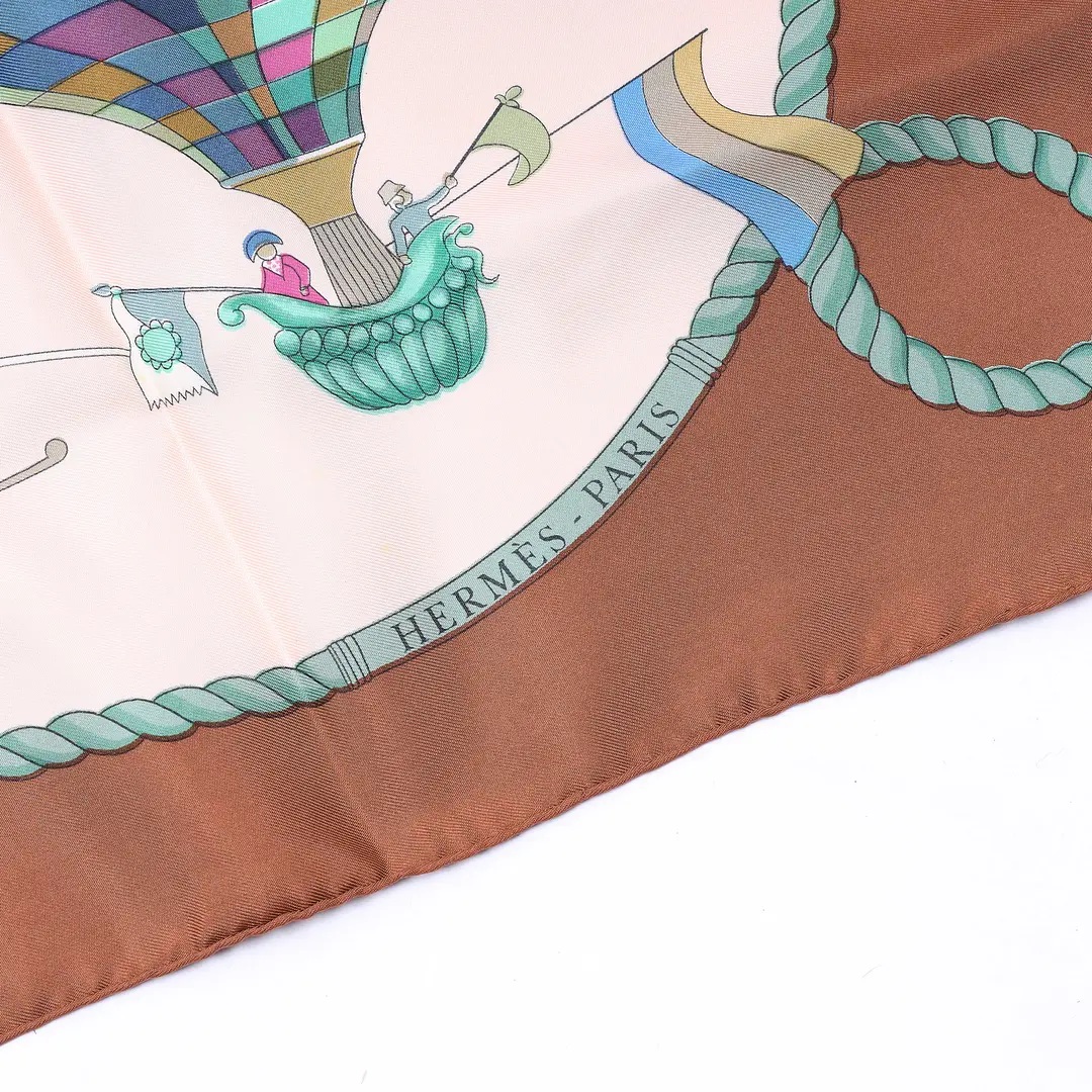Hermes Les Folies du Ciel Brown Silk Scarf