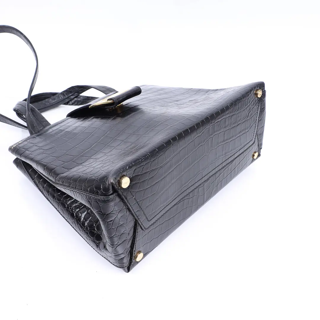Salvatore Ferragamo Vara Black Croc-Embossed Shoulder Bag