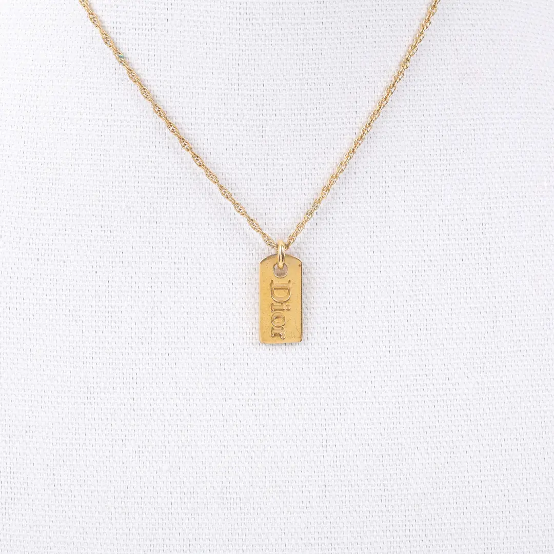 Dior Vintage Logo Dog Tag Gold Gold Plated Necklace
