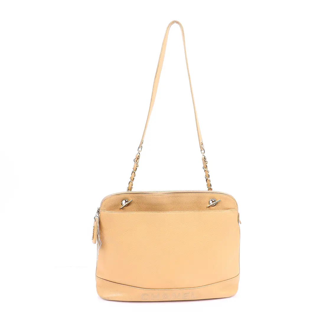 Chanel Caviar Logo Beige Leather Shoulder Bag