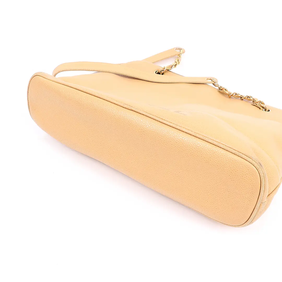 Chanel Caviar Logo Beige Leather Shoulder Bag