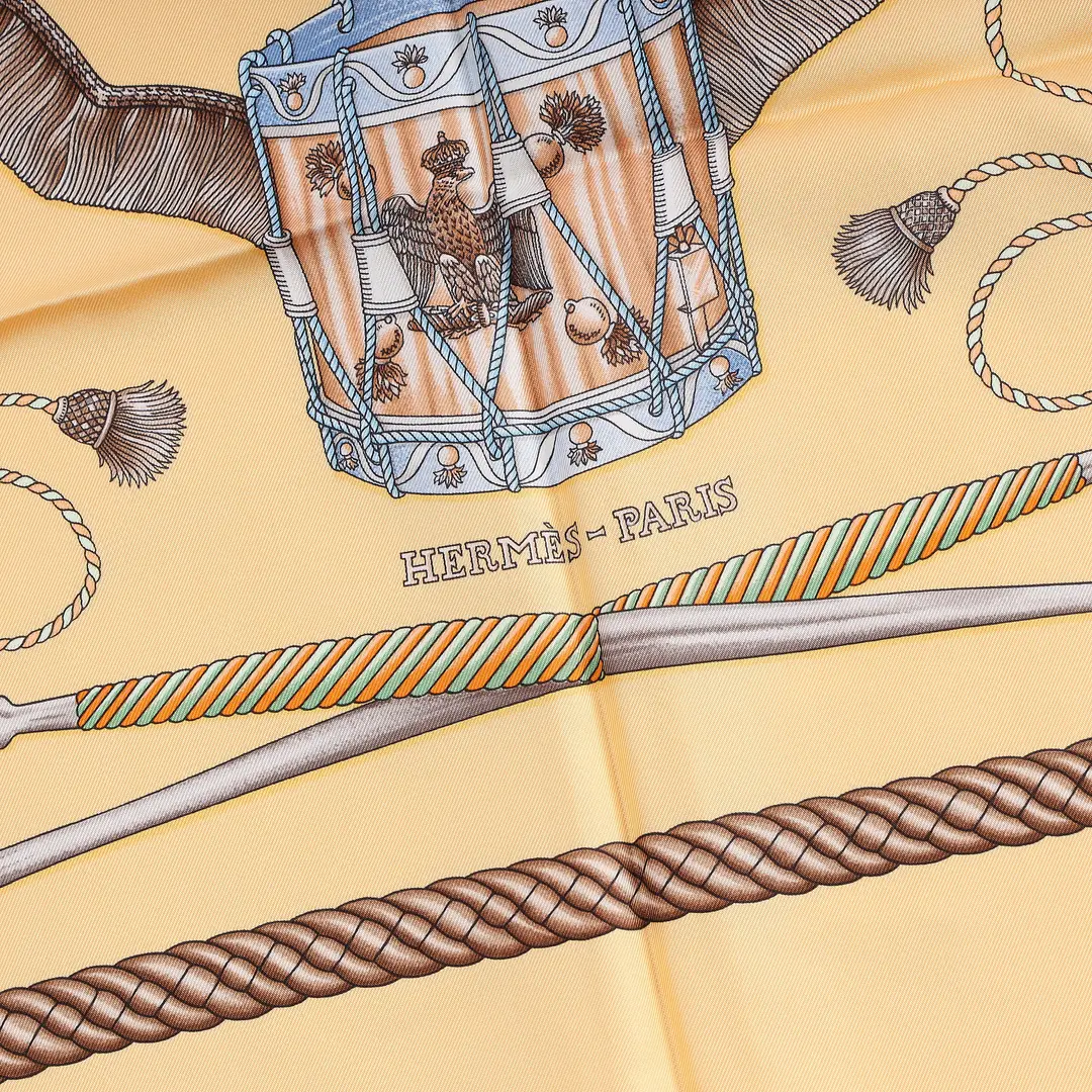 Hermes Les Tambours Yellow Silk Scarf